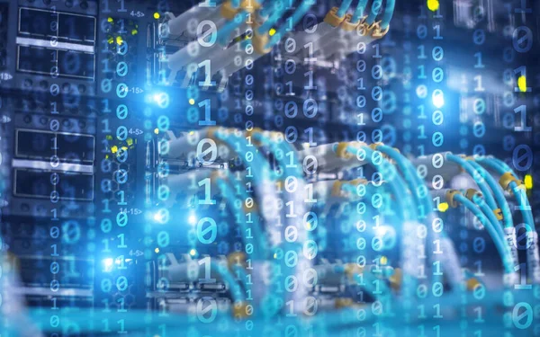 Binärcode-Matrix digitales Internet-Technologie-Konzept auf dem Hintergrund des Serverraums. — Stockfoto