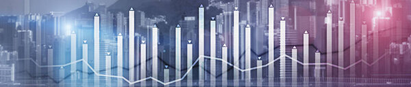 Modern Business Finance Chart Overlaid on Hong Kong Skyline at Night. Up and down arrow.