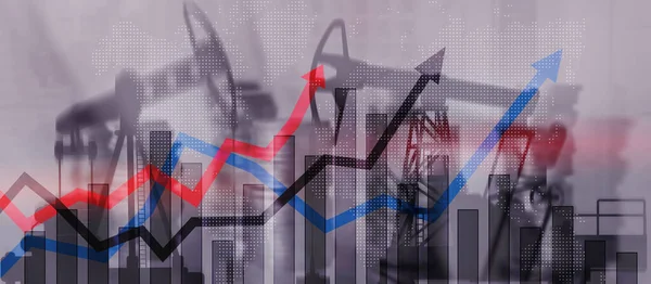 Crescimento no mercado do petróleo. Oil rigs barril de óleo e seta para cima. Conceito de Recurso. — Fotografia de Stock