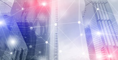 Çok renkli Gelecek Siber Ağı. Akıllı Şehir Konsepti. Soyut Satır Bağlantısı.