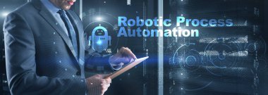 RPA Robotik Süreç Otomasyonu. Sanal ekranda teknoloji konsepti. Ai algoritması İş Analizi.
