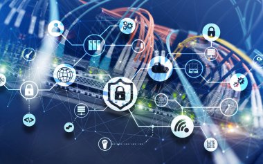 Veri güvenliği kavramı. Simgeler: Kapatılmış Asma Kilit, Wifi Ve dijital arkaplanda bulut.