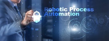 RPA Robotik Süreç Otomasyonu. Sanal ekranda teknoloji konsepti. Ai algoritması İş Analizi.