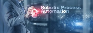 RPA Robotik Süreç Otomasyonu. Sanal ekranda teknoloji konsepti. Ai algoritması İş Analizi.