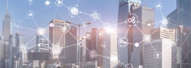 İş organizasyonel yapı yeniliği otomasyon teknolojisi panoramik web sitesi başlık arkaplanı.