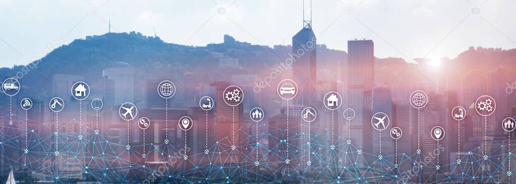Technology Internet of things wireless communication iot concept networking. Modern city skyline double exposure mixed media.