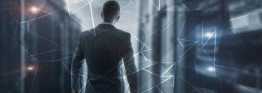 Siber Ağ Soyut Dijital Teknoloji Arkaplanı. Sunucu raflarının insanlar ve bulanık satırları.