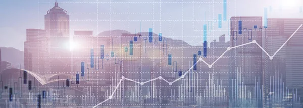 Graphique d'investissement concept financier diagramme diagramme à double exposition vue sur la ville skyline. — Photo