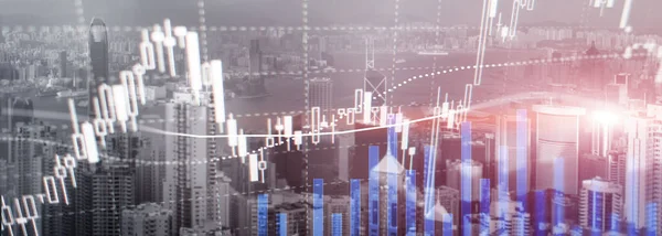 Mercado Financeiro Stock Trading conceito de corretor de investimento. Gráfico Gráfico Diagrama na cidade vista de fundo . — Fotografia de Stock