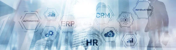 Erp Crm Hr Innovation inscriptions and icon on business background. — 스톡 사진