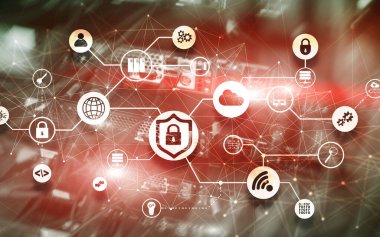 Veri güvenliği kavramı. Simgeler: Kapatılmış Asma Kilit, Wifi Ve dijital arkaplanda bulut.