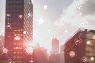 Akıllı Şehir ve Kablosuz İletişim Ağı. Ofis binası olan iş bölgesi. IOT modern teknoloji kavramı.