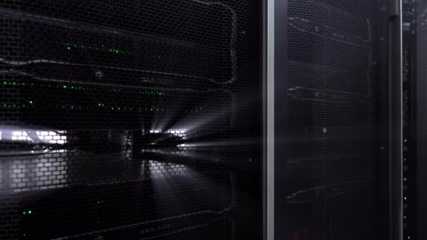 Rays in the server room. Moving camera. Modern web network. — Stock Video