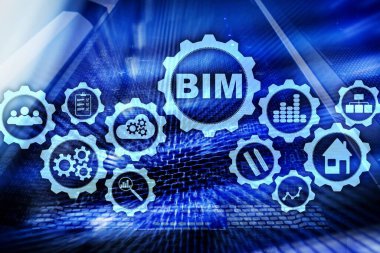 Bina Bilgileri Modelleme. Sanal ekranda sunucu veri merkezi arkaplanlı BIM.