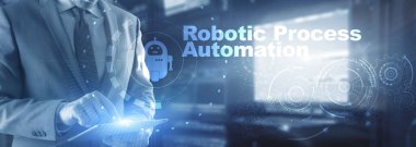 RPA Robotik Süreç Otomasyonu. Sanal ekranda teknoloji konsepti. Ai algoritması İş Analizi.