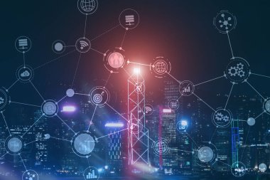 Akıllı Şehir ve Kablosuz İletişim Ağı. Ofis binası olan iş bölgesi. IOT modern teknoloji kavramı.
