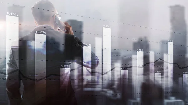 Diagram on the background of silhouettes and the city. Business candle stick graph chart. Trend of graph. — Stock Photo, Image