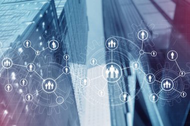 3 boyutlu vitesler ve insan simgeleri. Sosyal medya konsepti. İşiniz için eşsiz bir arkaplan.