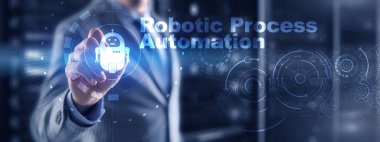RPA Robotik Süreç Otomasyonu. Sanal ekranda teknoloji konsepti. Ai algoritması İş Analizi.