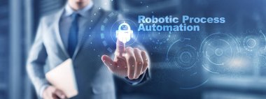 RPA Robotik Süreç Otomasyonu. Sanal ekranda teknoloji konsepti. Ai algoritması İş Analizi.