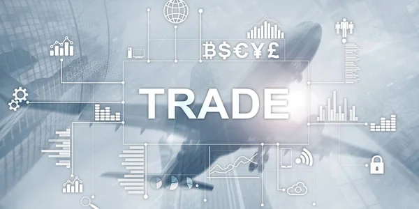 商业和技术的概念。虚拟屏幕上的注册:贸易.货币图标混合媒体. — 图库照片
