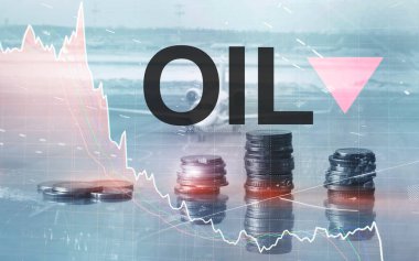 Petrol fiyatları düştü. Petrol varilleri ve soyut iş geçmişinin finansal tablosu. Namlu oku düştü. Petrol eğilimi düştü.