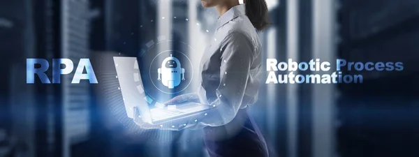RPA Robotic Process Automation. Technology concept on virtual screen. Ai algorithm analyze Business.