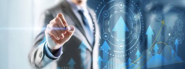 Büyüyen ok ve gelişen başarı iş becerisi artırma grafiği pazar kar stoku arka planı üzerinde.