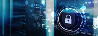 Sunucu odası arka planında siber koruma kalkanı simgesi. Bilgi Güvenliği 2025.