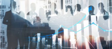 Bulanık bir şehrin arka planında finansal büyümeyi gösteren grafik. İş şehri geçmişi. Karışık ortam.