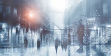 Soyut endüstriyel iş süreci organizasyon yapısı. Modern bir şehrin arka planına karşı.