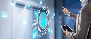 Veri koruması. Sanal ekranda İş, Teknoloji, İnternet ve ağ kavramı.