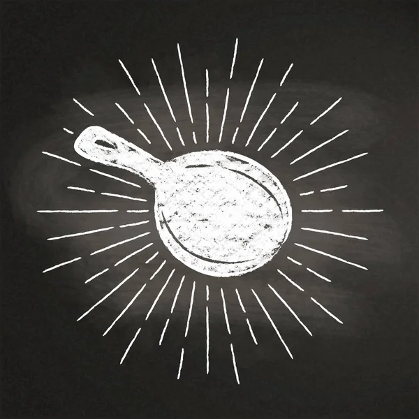 Chalk silhoutte of a pan  with vintage sun rays on blackboard. Good for cooking logotypes, bades, menu design or posters. — Stock Vector