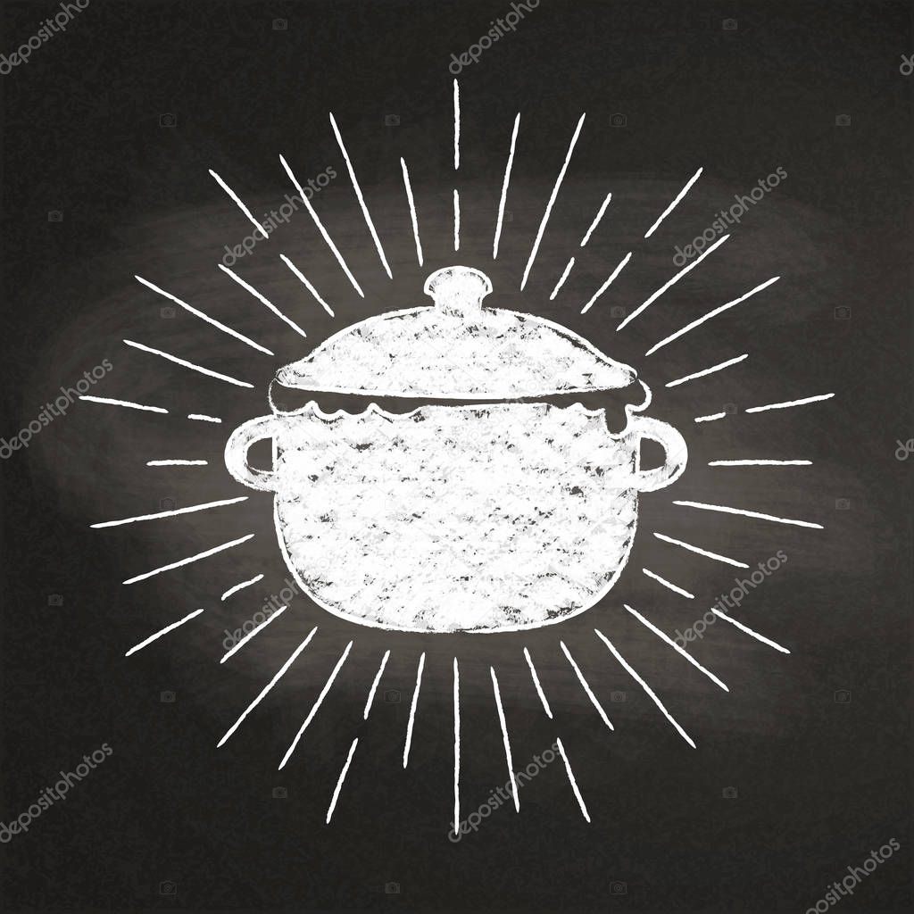 Chalk silhoutte of boiling pot  with vintage sun rays on blackboard. Good for cooking logotypes, bades, menu design or posters.