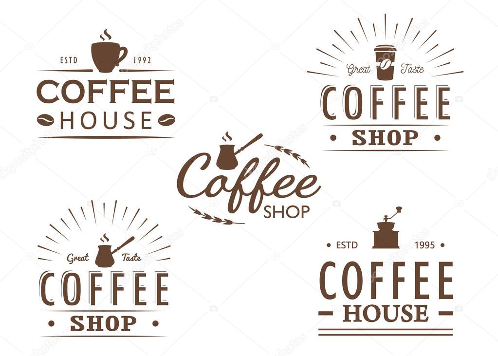 Set of vintage Coffee logo templates, badges and design elements. Logotypes collection for coffee shop, cafe, restaurant. Vector illustration. Hipster and retro style.