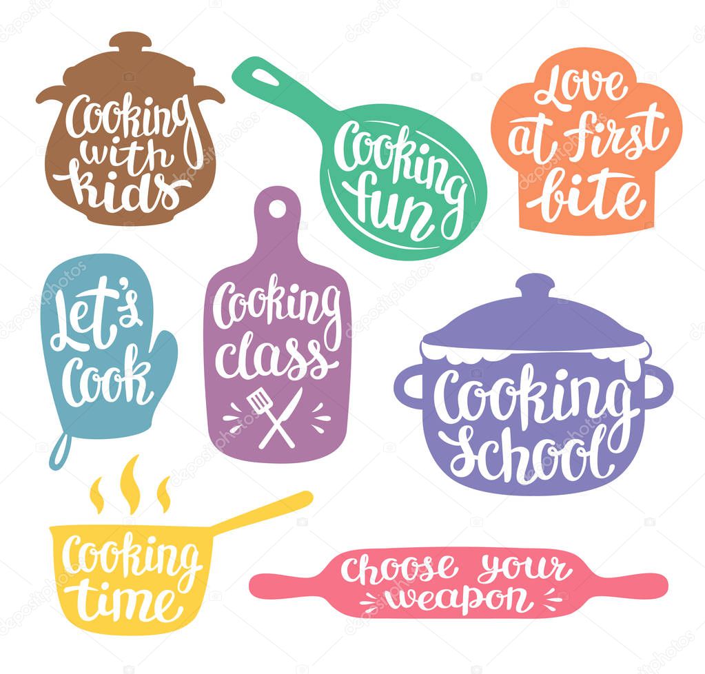 Collection of coloured silhouettes for cooking label or logo. Cooking vector illustration with hand written lettering, calligraphy. Cook, chef, kitchen utensils icon or logo.