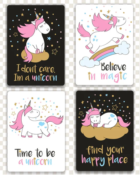 Set of cards with cartoon styled unicorns and inspirational lettering. Greeting cards with motivational quotes. — Stock Vector