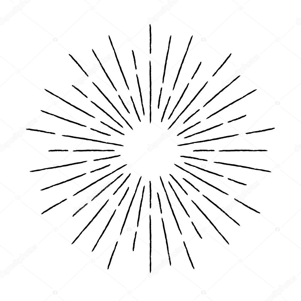 Vintage textured rays illustration. Linear sunburst design element in retro style.