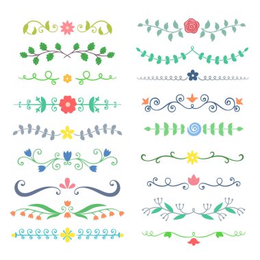 El topluluğu renkli güzelleşmek metin bölücüler çizilmiş. Doodle botanik boders tipografi için tasarım, davetiye, tebrik kartları. Kaligrafi ve çiçek tasarım öğeleri.