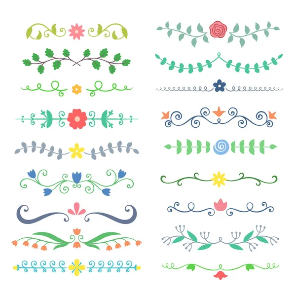 Sammlung handgezeichneter farbiger Textteiler. Doodle botanischen Boders für Typografie-Design, Einladungen, Grußkarten. Kalligrafische und florale Designelemente. — Stockvektor