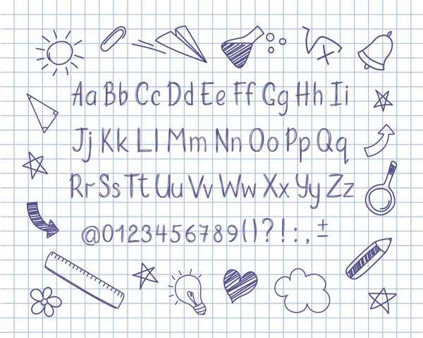 Alphabet in sketchy style with school doodles on copybook sheet. Vector handwritten pencil letters, numbers and punctuation marks. Ink pen handwriting font and doodle design elements. — Stock Vector