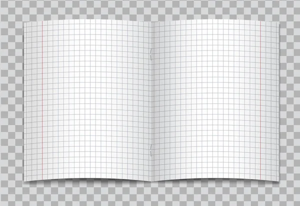 O vetor abriu o caderno de escola elementar quadrado realista com margens vermelhas em fundo transparente. Mockup ou modelo de páginas abertas em branco grafado de notebook ou caderno de exercícios com grampos . — Vetor de Stock