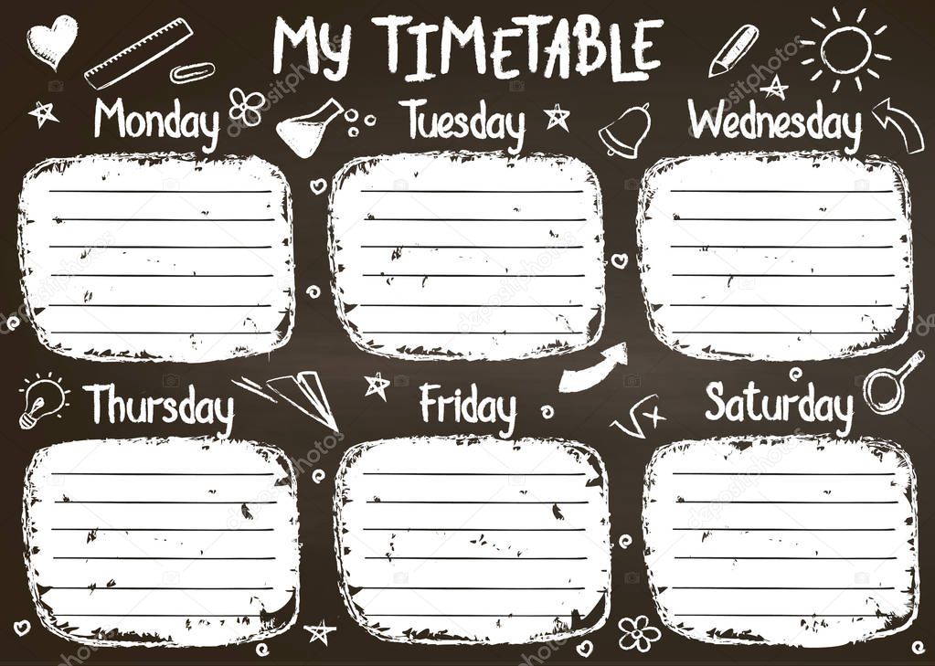 School timetable template on chalk board  with hand written chalk text. Weekly lessons shedule in sketchy style decorated with hand drawn school doodles on blackbord.