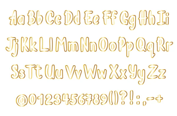 Alfabeto dourado em estilo esboçado. Letras manuscritas vetoriais, números e marcas de pontuação. Fonte de caligrafia com contorno dourado . — Vetor de Stock