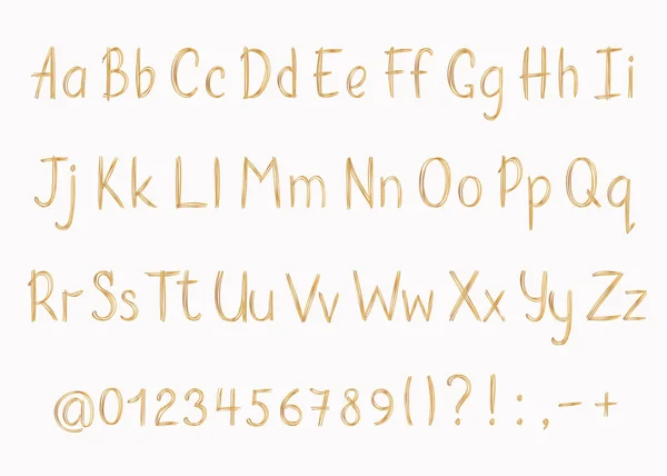 Gyllene alfabetet i skissartad stil. Vector handskrivna penna bokstäver, siffror och skiljetecken. Guldpenna handskrift teckensnitt. — Stock vektor