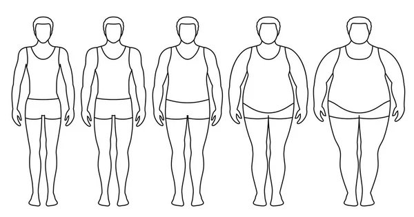 Índice de masa corporal ilustración vectorial de bajo peso a extremadamente obeso. Los contornos del hombre con diferentes grados de obesidad. Cuerpo masculino con diferente peso . — Archivo Imágenes Vectoriales