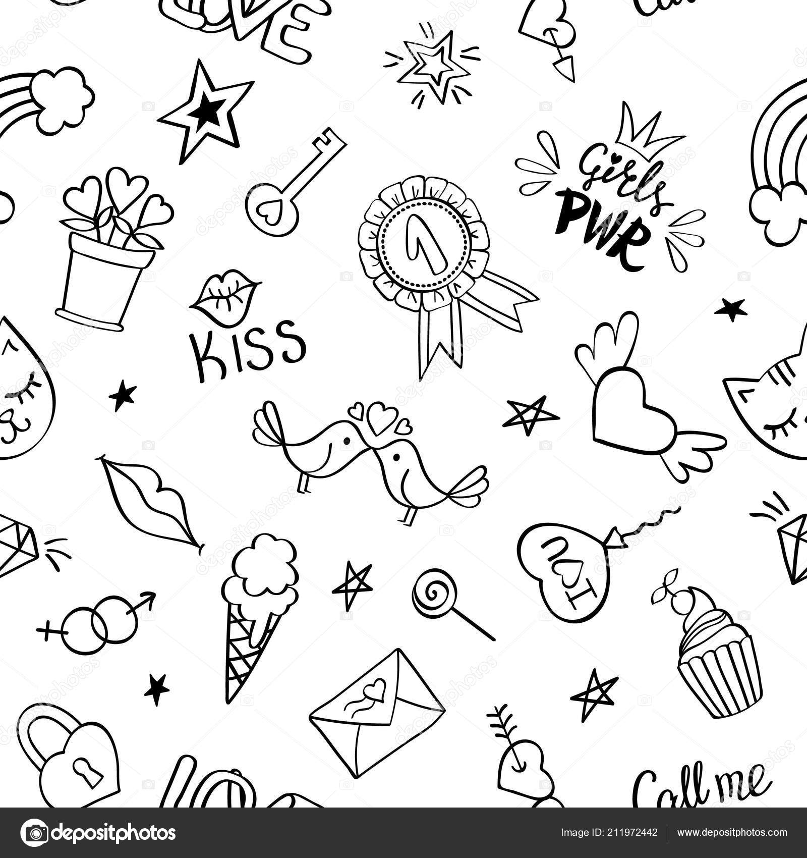 Padrão Sem Emenda Com Mão Desenhada Girly Doodles Fundo De