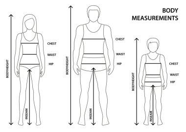 Vektör çizim konturlu adam, kadın ve çocuk tam uzunlukta gövde parametrelerini ölçüm satır ile. Dostum, kadın ve çocuk boyutları ölçümleri. İnsan vücudu ölçümleri ve oranlar. 