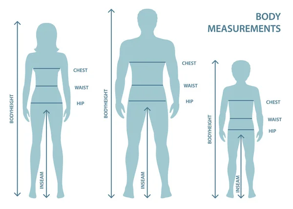 Silhouttes di uomo, donna e ragazzo a tutta lunghezza con linee di misura dei parametri del corpo. Misure di taglia uomo, donna e bambino. Misure e proporzioni del corpo umano . — Vettoriale Stock