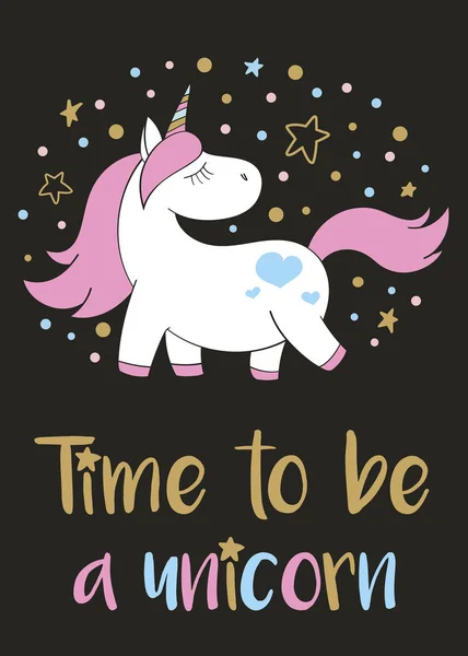 Magische schattig unicorn in cartoon stijl met hand belettering van tijd om een Eenhoorn. Doodle unicorn vectorillustratie voor kaarten, posters, kids t-shirt afdrukken, textielontwerp. — Stockvector